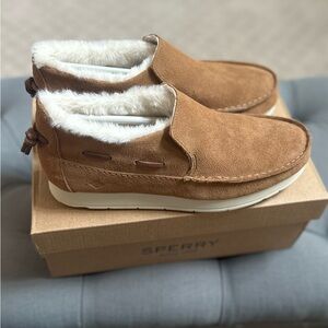 Sperry Tan Slip-Ons with Soft Suede and Sherpa  Lining